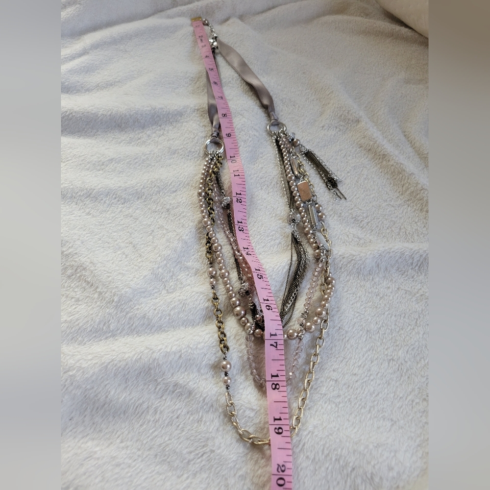 LOFT | Long Silver Tone Crystal Faux Pearl Layered Statement Necklace - Picture 10 of 13